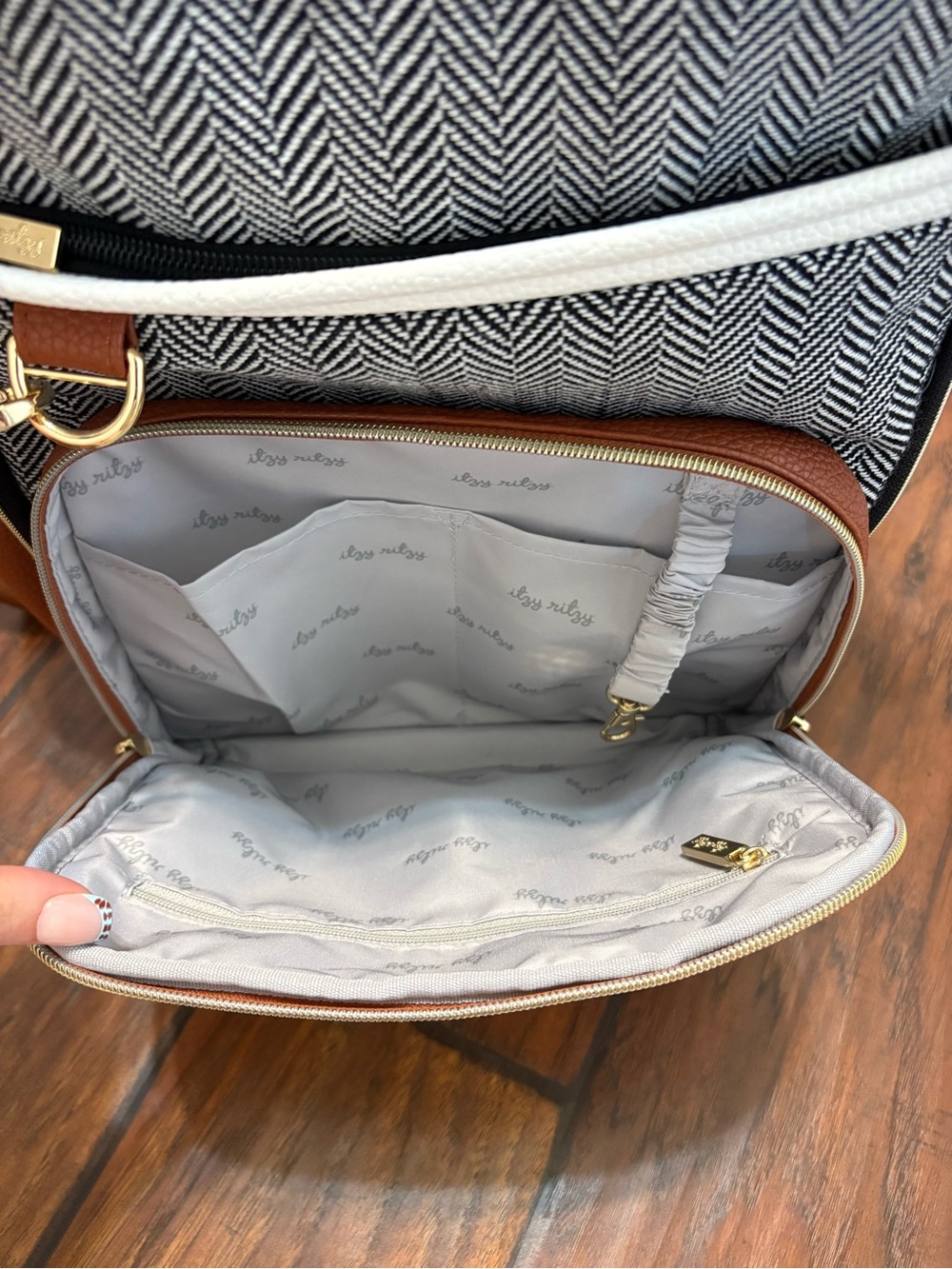 Itzy Ritzy Black Herringbone, White & Brown Backpack Purse - Picture 2 of 11